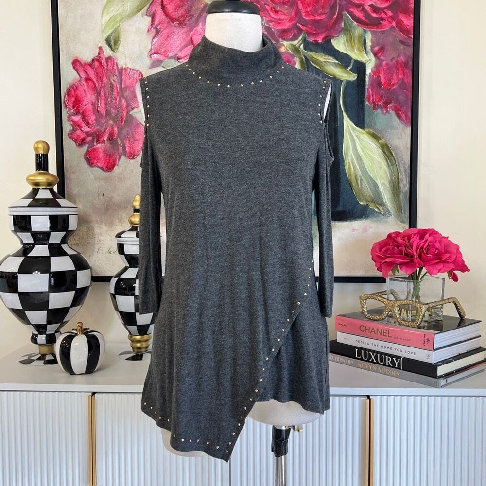 Belldini Women's Rhinestone Turtle Neck Cold Shoulder Tunic Blouse Gray Medium